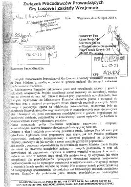 Pismo Związku Pracodawców Prowadzących gry Losowe i Zakłady Wzajemne