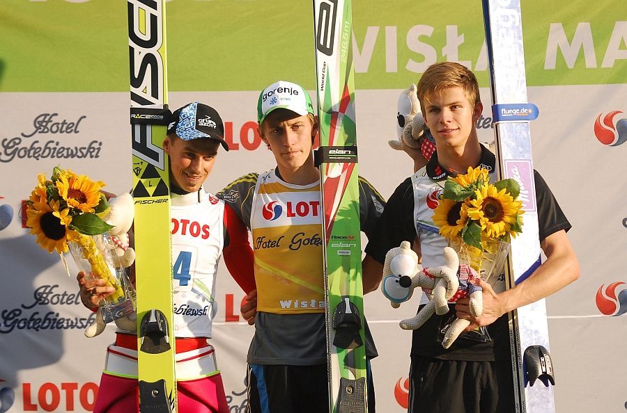 Od lewej: Piotr Żyła, Peter Prevc, Andreas Wellinger (fot. Natalia Konarzewska)